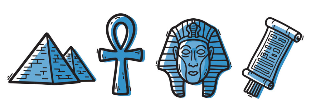 A collection of ancient Egyptian cultural symbols including two pyramids, an ankh, a pharaoh's mask, and a papyrus scroll, rendered in a charming hand-drawn doodle style with blue accents
