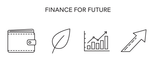 A conceptual graphic with the text 'Finance for Future' and four simple line icons representing money, ecology, growth, and progress with a wallet, leaf, chart, and arrow