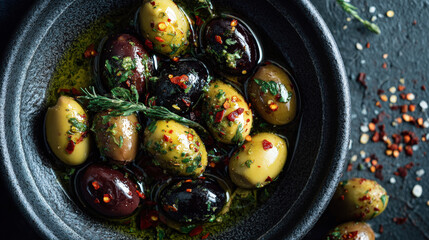 A close-up shot of a bowl of assorted olives, bathed in oil and garnished with herbs. The olives are glistening and colorful