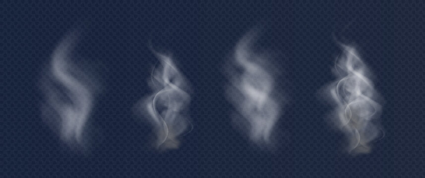 Set of steam or abstract white smog. Isolated on a black background. Wavy steam, fog, haze, gas, hot drinks, food. Vector