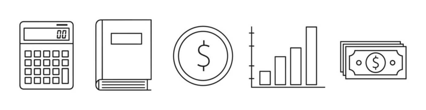 Minimalist vector icon set for business and finance concepts, showing a calculator, accounting book, money coin, rising bar graph, and paper currency in a clean line art style