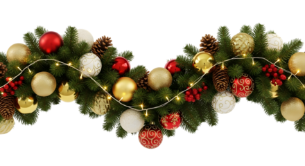 A festive christmas garland made of evergreen branches, adorned with red and gold baubles, pine cones, and twinkling fairy lights