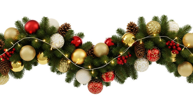 A festive christmas garland made of evergreen branches, adorned with red and gold baubles, pine cones, and twinkling fairy lights - Powered by Adobe