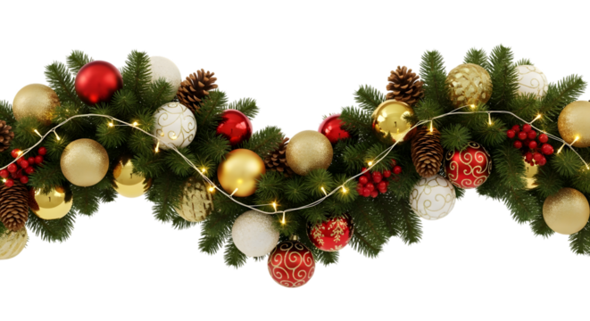 A festive christmas garland made of evergreen branches, adorned with red and gold baubles, pine cones, and twinkling fairy lights