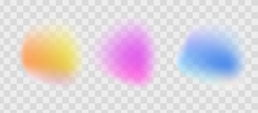 Blur gradient shape set on a transparent background. Iridescent blob bundle. Realistic vector illustration for badge, collage, sticker, template.