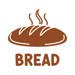 Brown loaf of bread with steam rising above and the word B R E A D below food baked