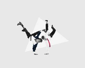 Flat design. A group of multicultural young business people are breakdancing outdoors in business...
