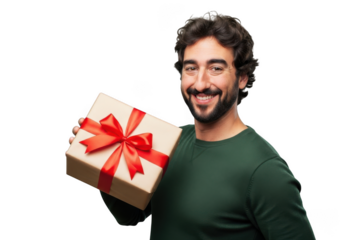 Joyful man holding a beautifully wrapped gift box with a red ribbon isolated on transparent background