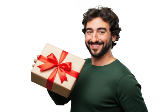 Joyful man holding a beautifully wrapped gift box with a red ribbon isolated on transparent background