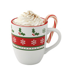 Holiday mug with candy cane, isolated on transparent background ultrarealistic