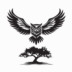 Obraz premium Owl Taking Off from Large Tree with Wings Spread vector isolated on white background