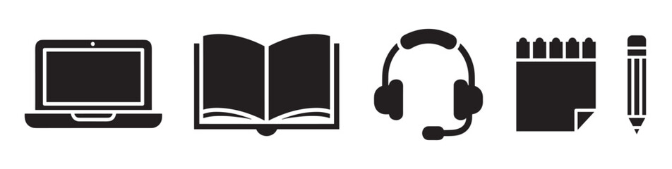 Five black silhouette icons representing modern education and communication tools, including a laptop, an open book, a headset, a notepad, and a pencil, rendered in a minimalist style