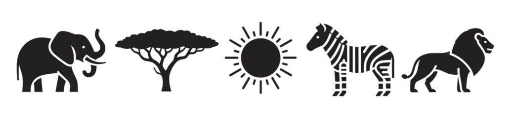 Fototapeta premium A set of black silhouette icons representing safari wildlife and nature, including an elephant, acacia tree, sun, zebra, and lion, in a clean graphic style