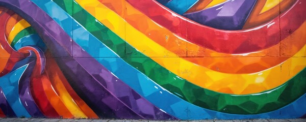 Fototapeta premium Vibrant wall art displays rainbow flag colors. Bold graffiti mural decorates outdoor space. Symbol of LGBTQ pride and support on building facade. Colorful abstract design.
