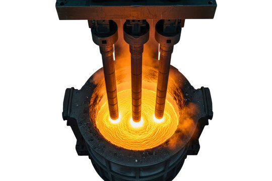 Electric arc furnace melts metal with graphite electrodes isolated on transparent background