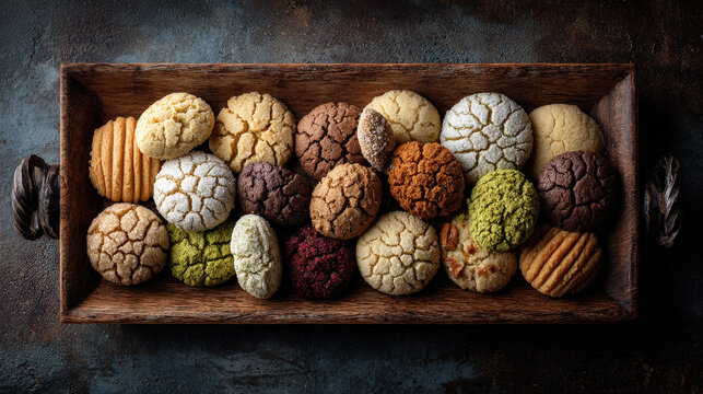 A variety of freshly baked cookies arranged in a wooden tray. These delicious treats boast a range of colors and textures, tempting and delightful