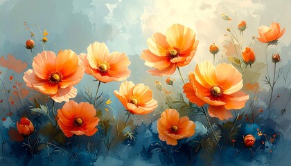 A painterly rendering showcasing vibrant orange blooms against a soft blue and green backdrop, evoking a serene springtime feeling