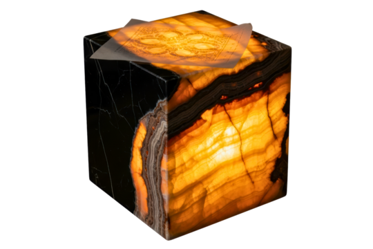 Illuminated cubic onyx stone table lamp with black marble veins isolated on transparent background