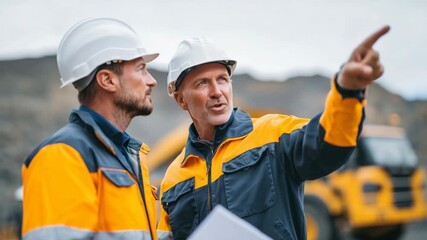 206Close-up of men in safety helmets pointing and discussing mining workflow, heavy machinery and trucks blurred in the background, highlighting teamwork and hard work