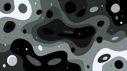 Abstract black and white illustration featuring fluid shapes and organic forms, creating a dynamic visual experience with contrasting tones and textures, ideal for modern design projects