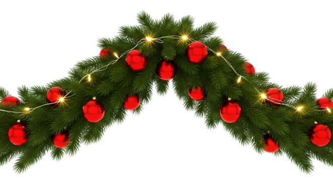Fragment of a lush green christmas tree garland adorned with shiny red baubles and small fairy lights