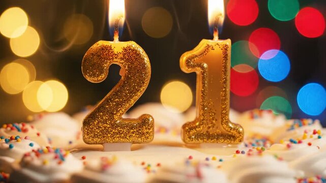 A 21 birthday cake with lit gold candles and bokeh background