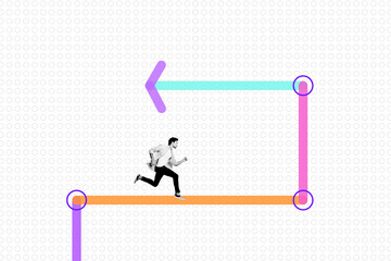 Creative poster banner 3d collage photo of happy businessman run arrow development progress career promotion chance success