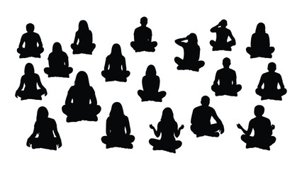 Silhouettes of people sitting and meditating isolated on white background, Vector