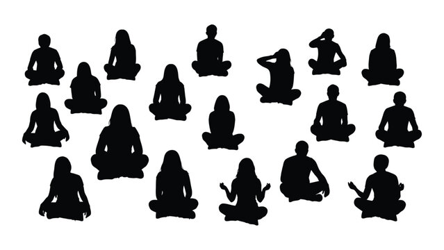 Silhouettes of people sitting and meditating isolated on white background, Vector