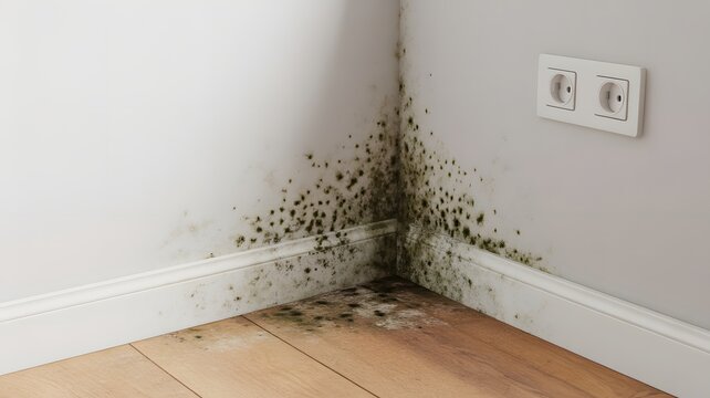 Black mold growth on wall corner above skirting board with damp damage, unhealthy indoor environment and moisture problem in home interior