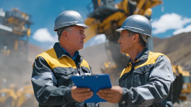 212Men with clipboards and safety gear watching mining activity, dust-filled air, heavy machinery in motion, conveying determination and operational focus