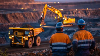 214Men in reflective vests and helmets standing near mining edge, observing large dump trucks and excavators working, sunset light enhancing textures and depth - Powered by Adobe