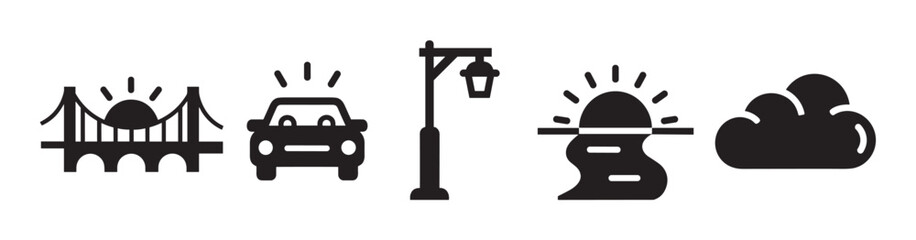 A set of black silhouette vector icons illustrating a bridge, a car with shining headlights, a street lamp, a river with a rising sun, and a cloud, presented in a clean, flat graphic style