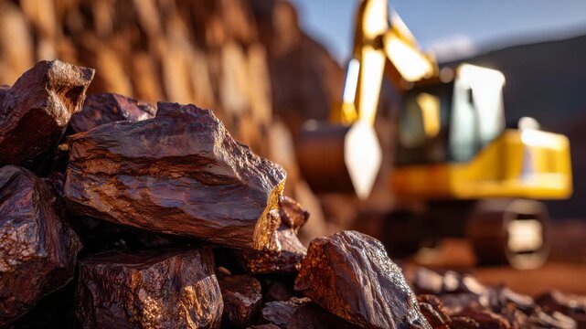 216Close-up of raw copper pieces lying on the ground, heavy machinery blurred in the distance, warm sunlight highlighting rich metallic textures