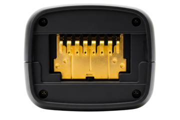 Close-up of a power tool battery terminal with gold contacts isolated on transparent background