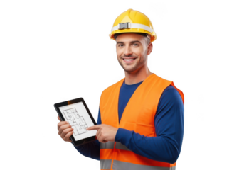 Smiling construction worker wearing a yellow hard hat and orange safety vest holding a tablet with plans isolated on transparent background