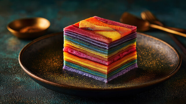 A delicious and colorful rainbow cake. This multi-layered dessert sits elegantly on a plate with golden details, creating a beautiful contrast.