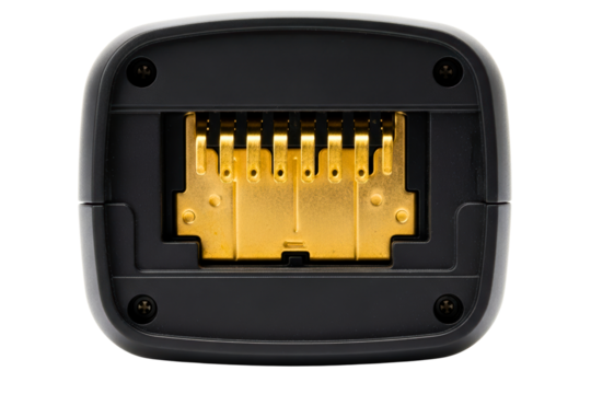 Close-up of a power tool battery terminal with gold contacts isolated on transparent background