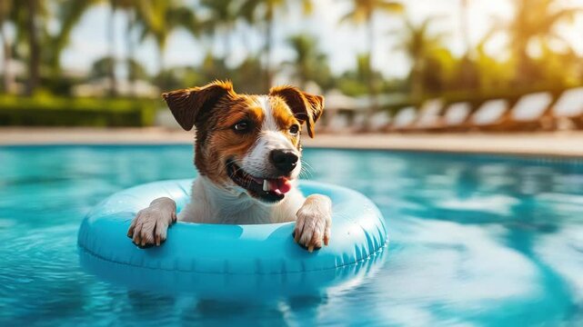 Jack Russell terrier floating happily in a blue inflatable tube on a sunny resort pool, summer vacation vibe with a playful, relaxed pet enjoying the water and sunshine
