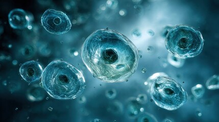 A scene shows amoebae engulfing tiny organisms in water, showcasing their feeding behavior and movement