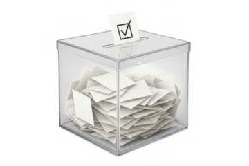 Clear ballot box with voting slips, electing democracy, choosing leadership, making important political decisions
