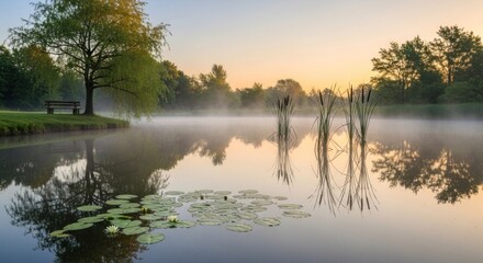 A serene lake with reeds and lily pads at sunset, with a bench and a tree in the background.