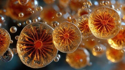 Colorful diatoms drift in clear water, showcasing their unique shapes and patterns among bubbles