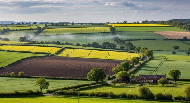A picturesque rural landscape with lush green fields, a small house, and a clear blue sky with scattered clouds.