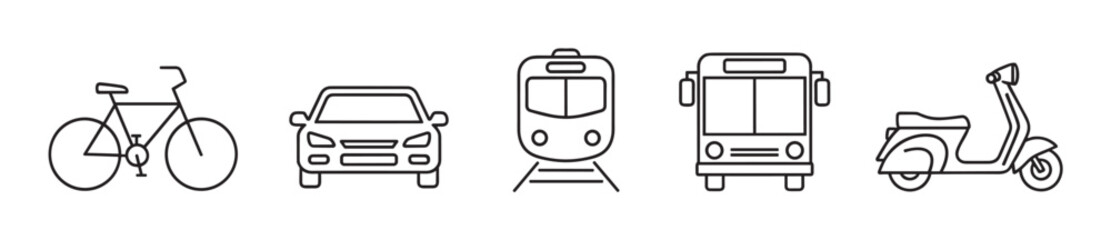 A collection of minimalist line art icons representing various modes of urban transportation, including a bicycle, car, train, bus, and scooter, in a clean graphic style