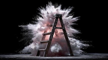 A wooden ladder stands amidst an explosion of colored powder against a black background. The scene captures dynamic movement and vibrant colors.
