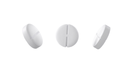 Three White Round Pills Floating at Various Angles – Medical Tablet Mockup on Transparent Background