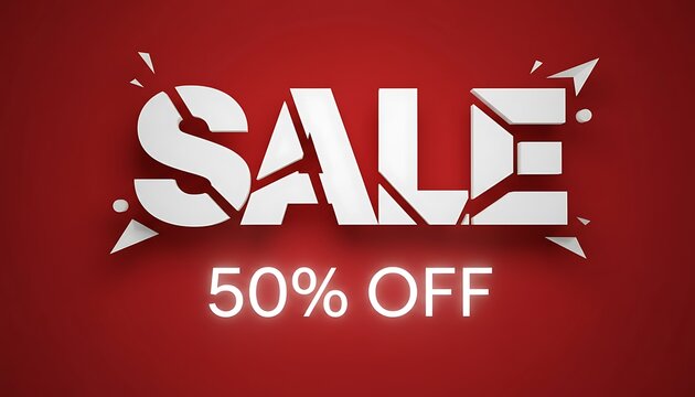 Bold white shattered sale text with glowing neon 50 percent off discount announcement on red background