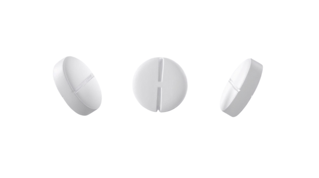 Three White Round Pills Floating at Various Angles – Medical Tablet Mockup on Transparent Background