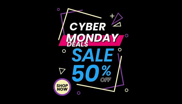 Cyber monday sale 50 percent off deals with neon geometric shapes on black background